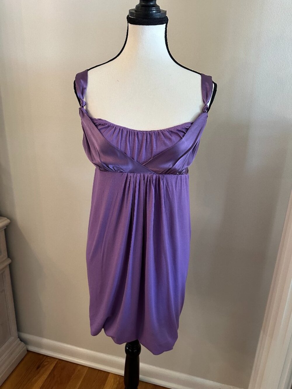 NWT bebe Jessie Purple Satin Draped Empire Waist Dress Y2K Small